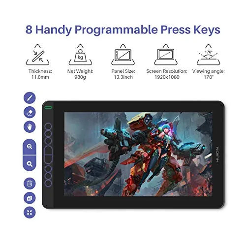 2020 Huion Kamvas 13 Android Support Drawing Tablet Monitor with Full Laminated Screen Battery-Free Stylus 8192 Pressure Sensitivity Tilt 8 Express Keys Adjustable Stand (Purple with Stand)