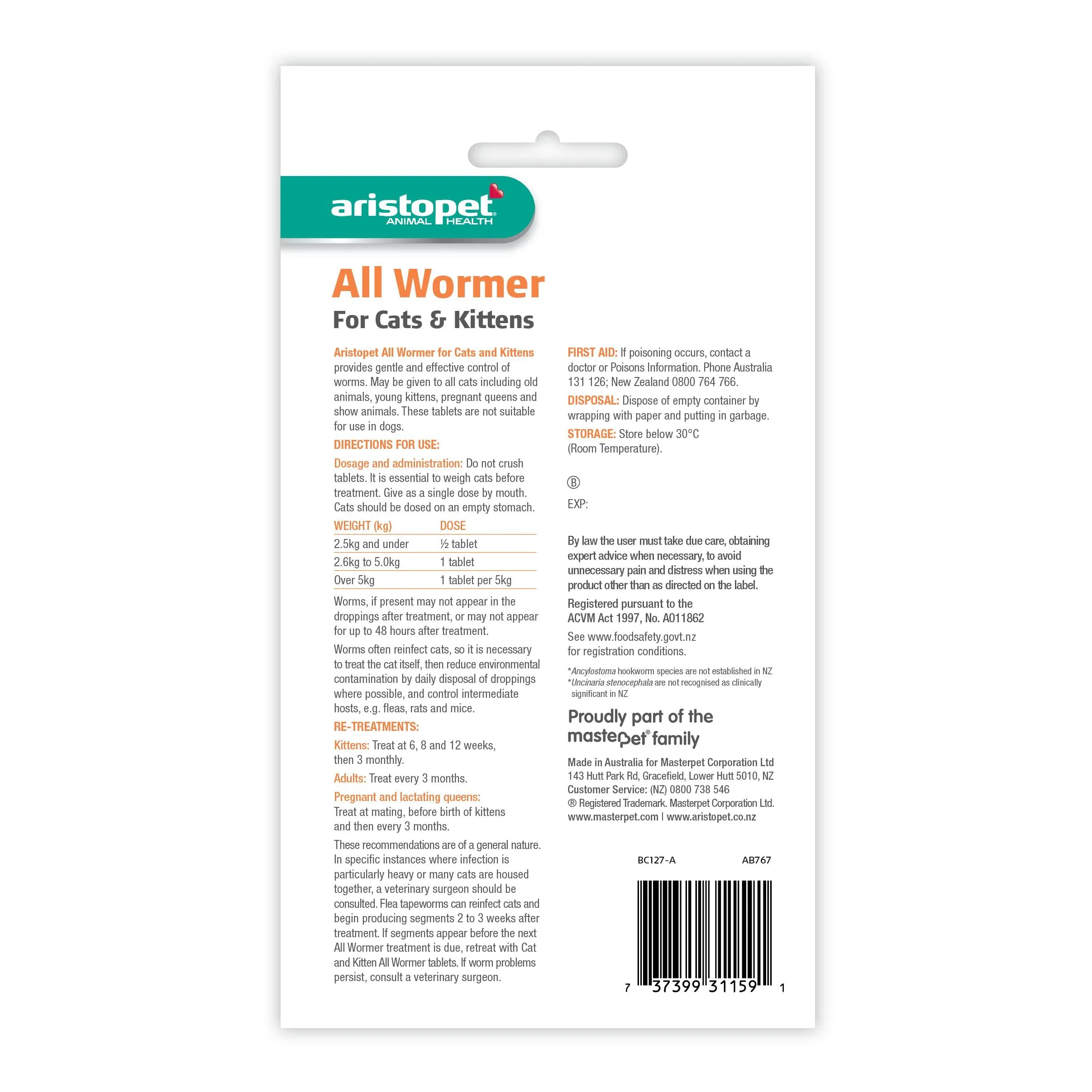 Aristopet All Wormer Tablets for Cats and Kittens 2 Pack