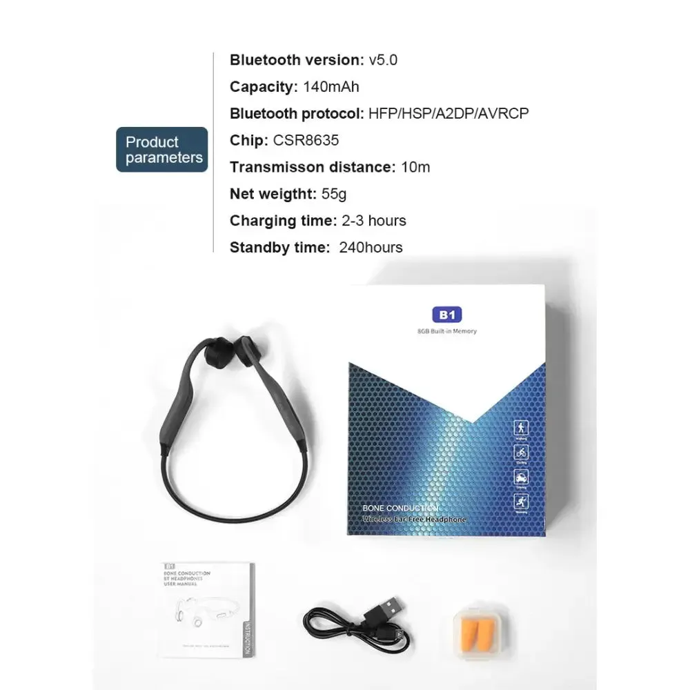 Bluetooth 5.0 Bone Conduction Built-in 8g Memory Card Earphones
