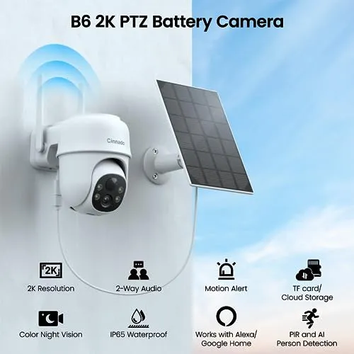 Cinnado Security Cameras Wireless Outdoor-2K Cameras for Home Security Outside Solar/Battery Powered 2.4G WiFi, 360° Color Night Vision, 2 Way Audio, PIR Human Detection, Works with Alexa/Google Home