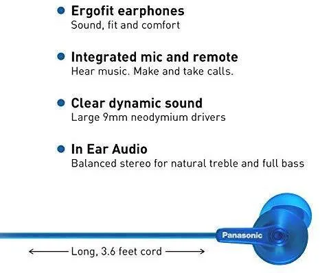 Panasonic ErgoFit In-Ear Earbud Headphones RP-HJE120-K (Black) Dynamic Crystal Clear Sound, Ergonomic Comfort-Fit