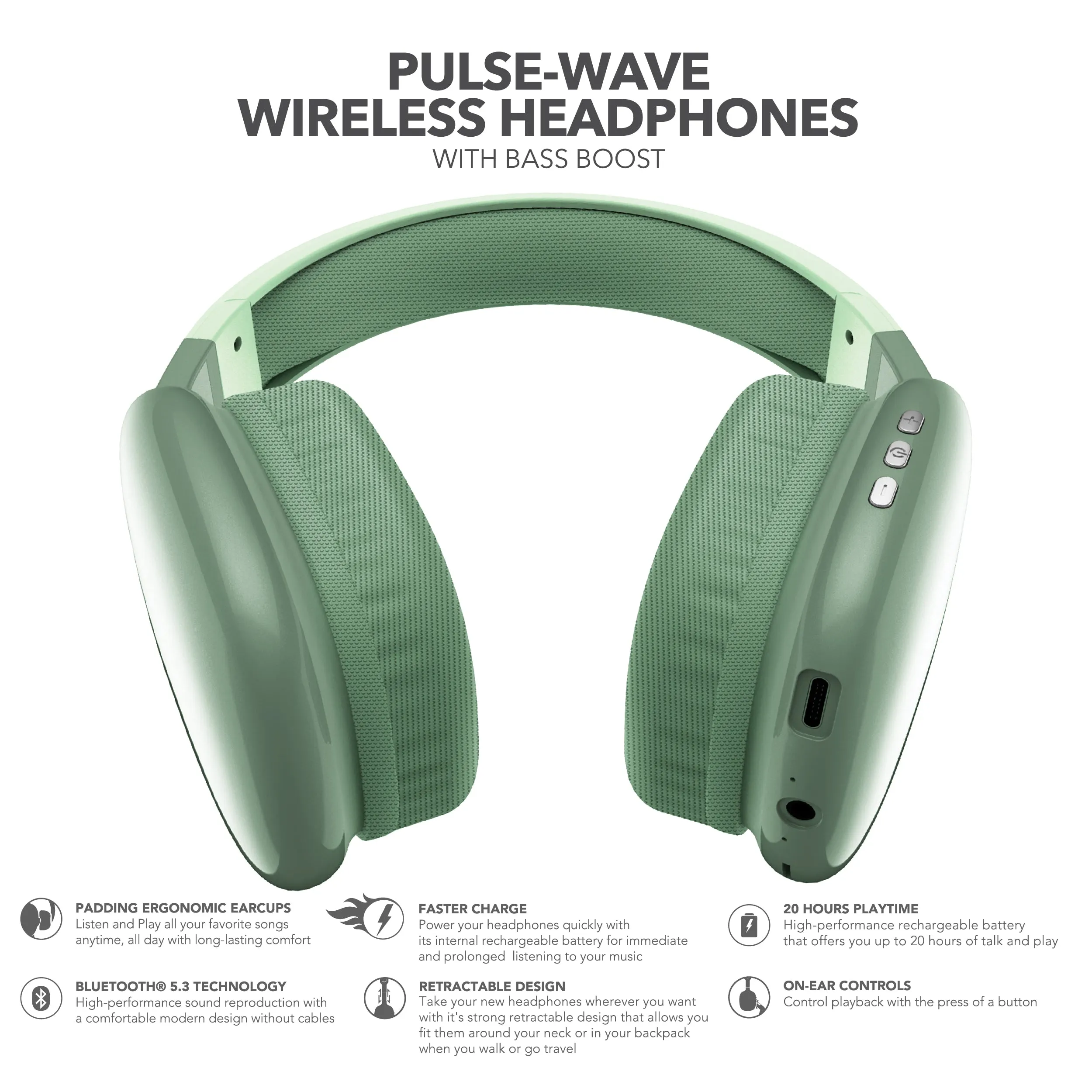 RCA Wave-56 Wireless Over-Ear Bluetooth Headphones, 40H Playtime, Hi-Res Audio