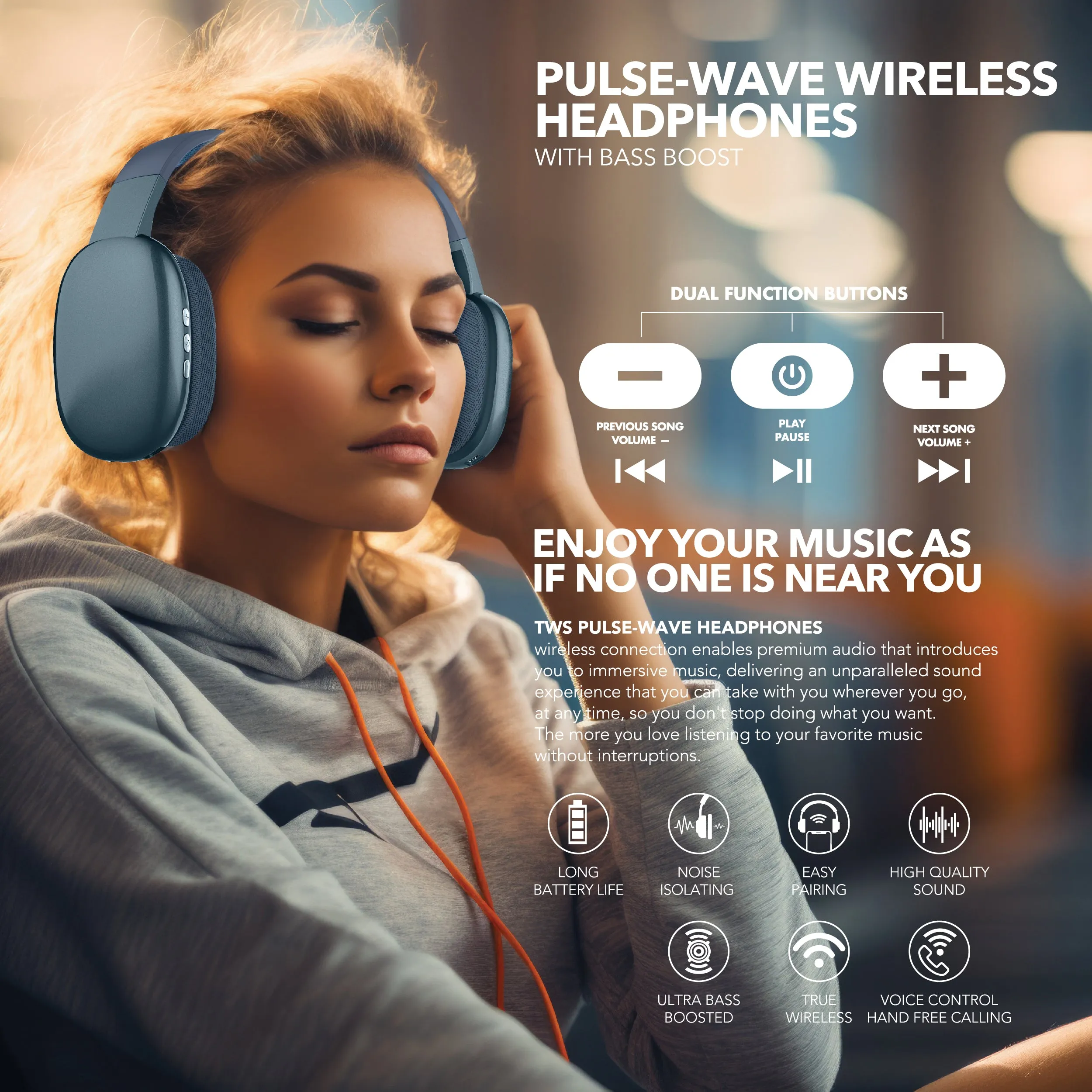 RCA Wave-56 Wireless Over-Ear Bluetooth Headphones, 40H Playtime, Hi-Res Audio