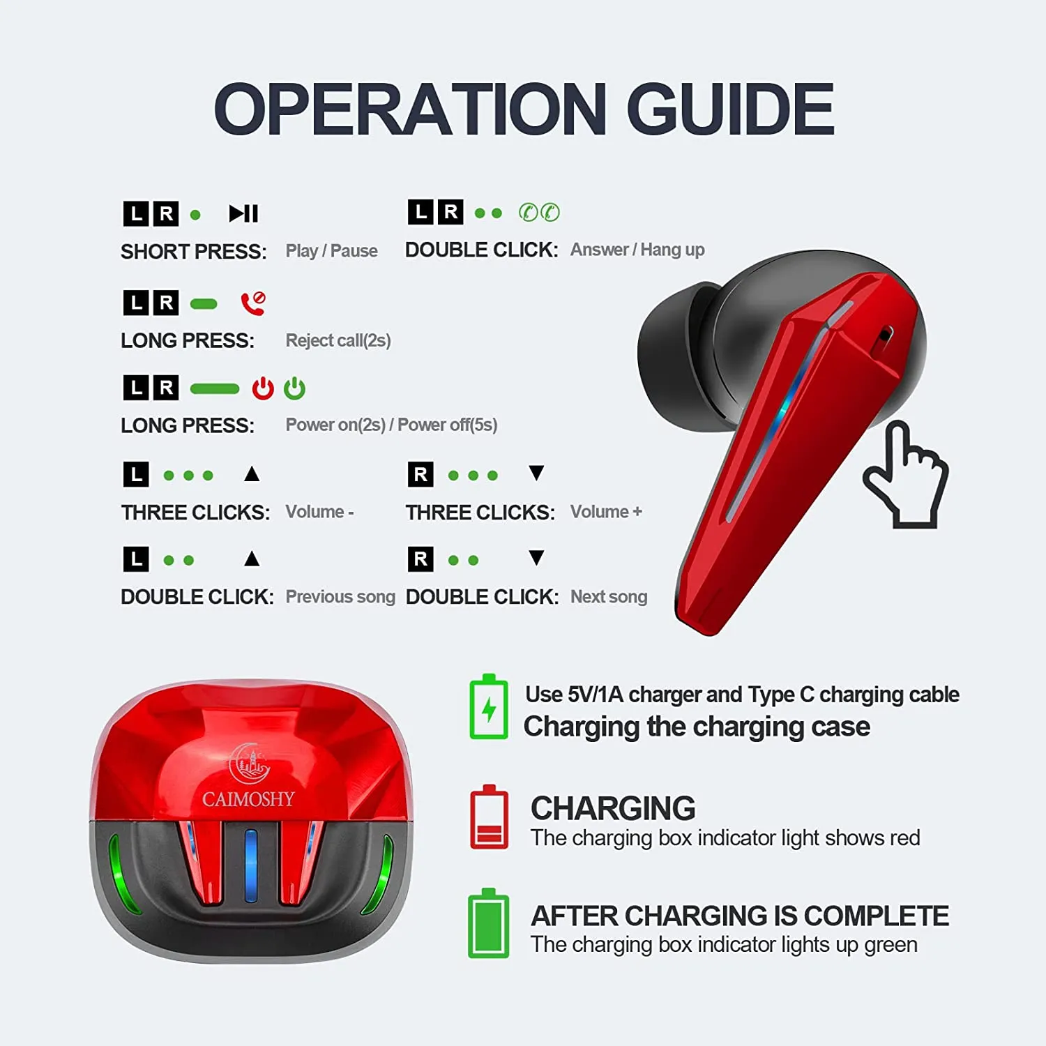 Wireless Earbuds Bluetooth Headphones Touch Control with Wireless Charging