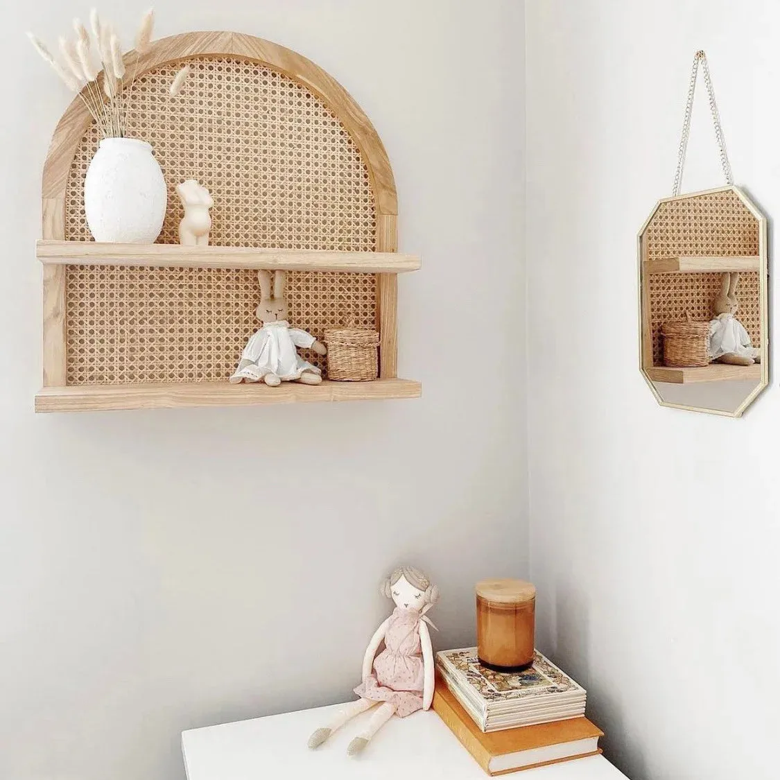 Wooden Wall Mounted Rattan Shelf