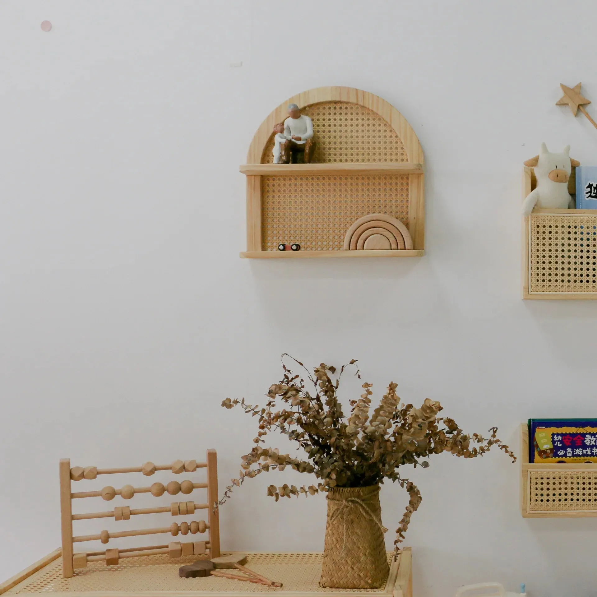 Wooden Wall Mounted Rattan Shelf
